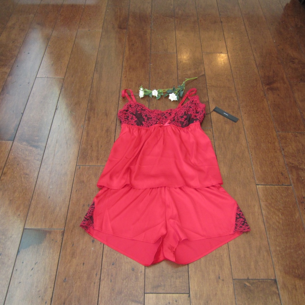 ❤️Tahari Satin Cami Shorty Red Black Lace Set - Picture 2 of 6